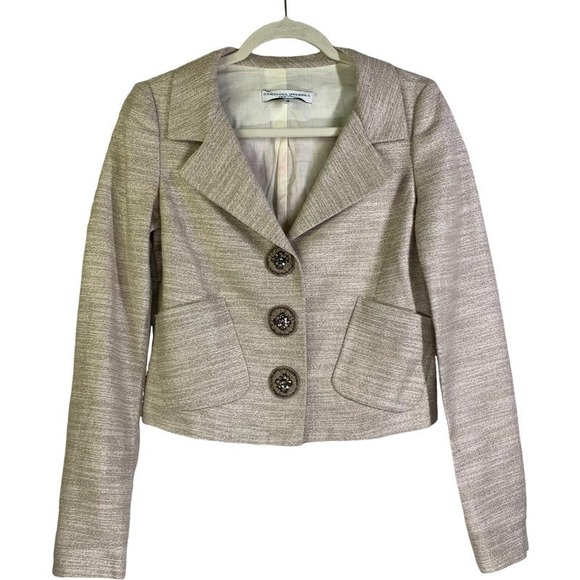 Carolina Herrera Beige Metallic Lapel Collars Rhinestone Buttons Lined Blazer